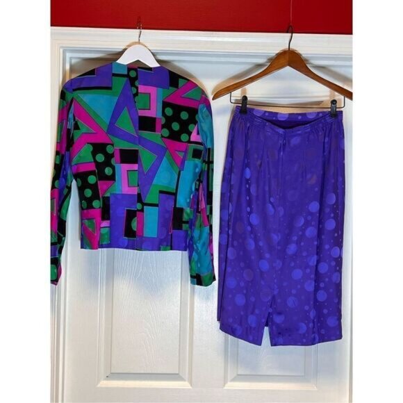 Vintage Anne Crimmins 100% Purple Silk Skirt Suit sz 8 - Picture 4 of 6